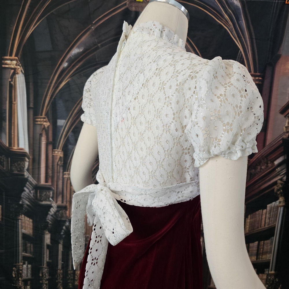 Vintage 70s Empire Waist Maxi Dress Red Velvet White Lace Regency Core Gown - Picture 10 of 10
